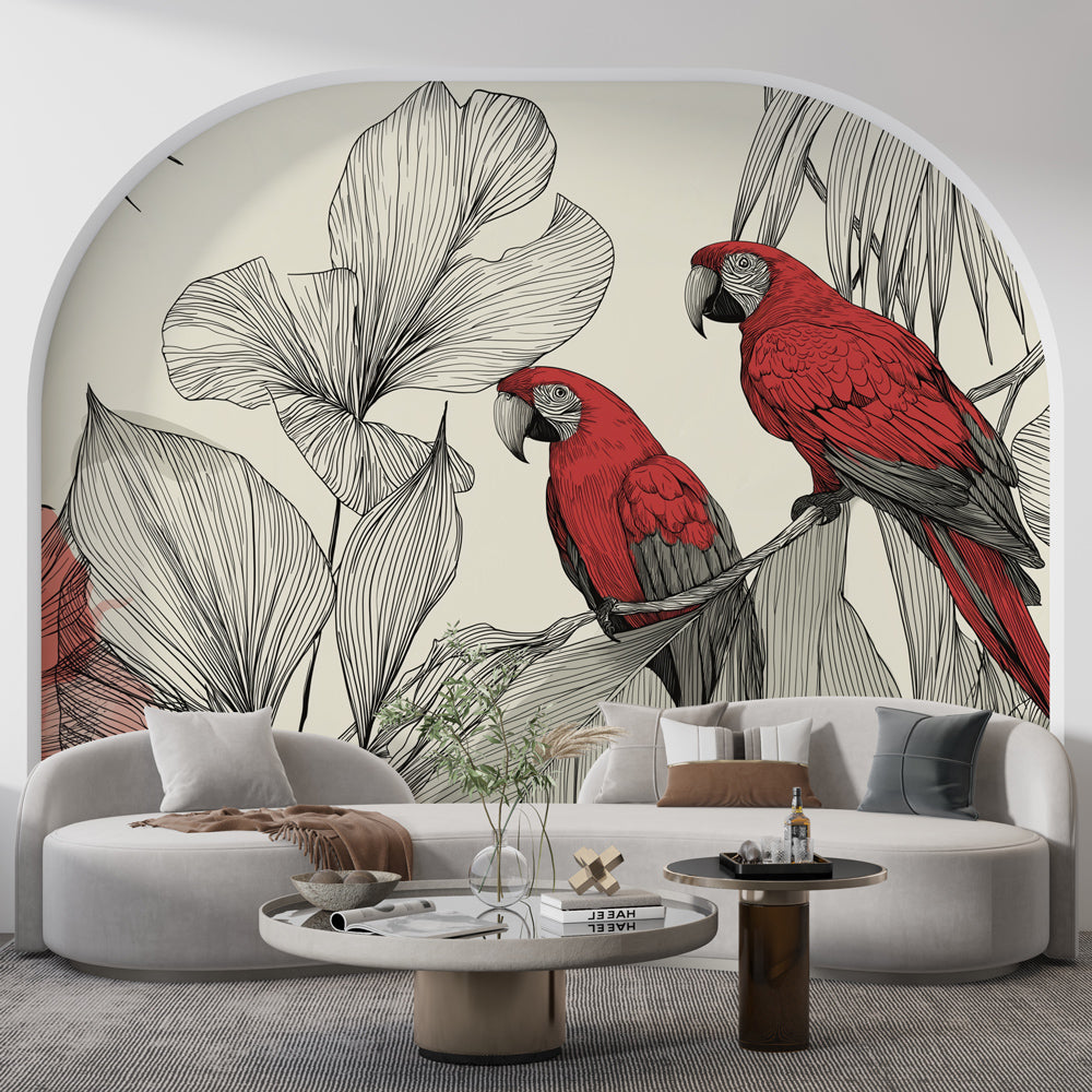 Parrots and Foliage Wallpaper | Red Parrots on a Muted Ground
