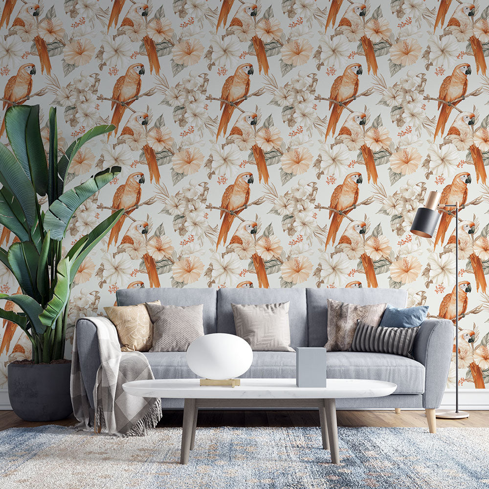 Parrot and Flower Wallpaper | Perched Birds Among Blooms