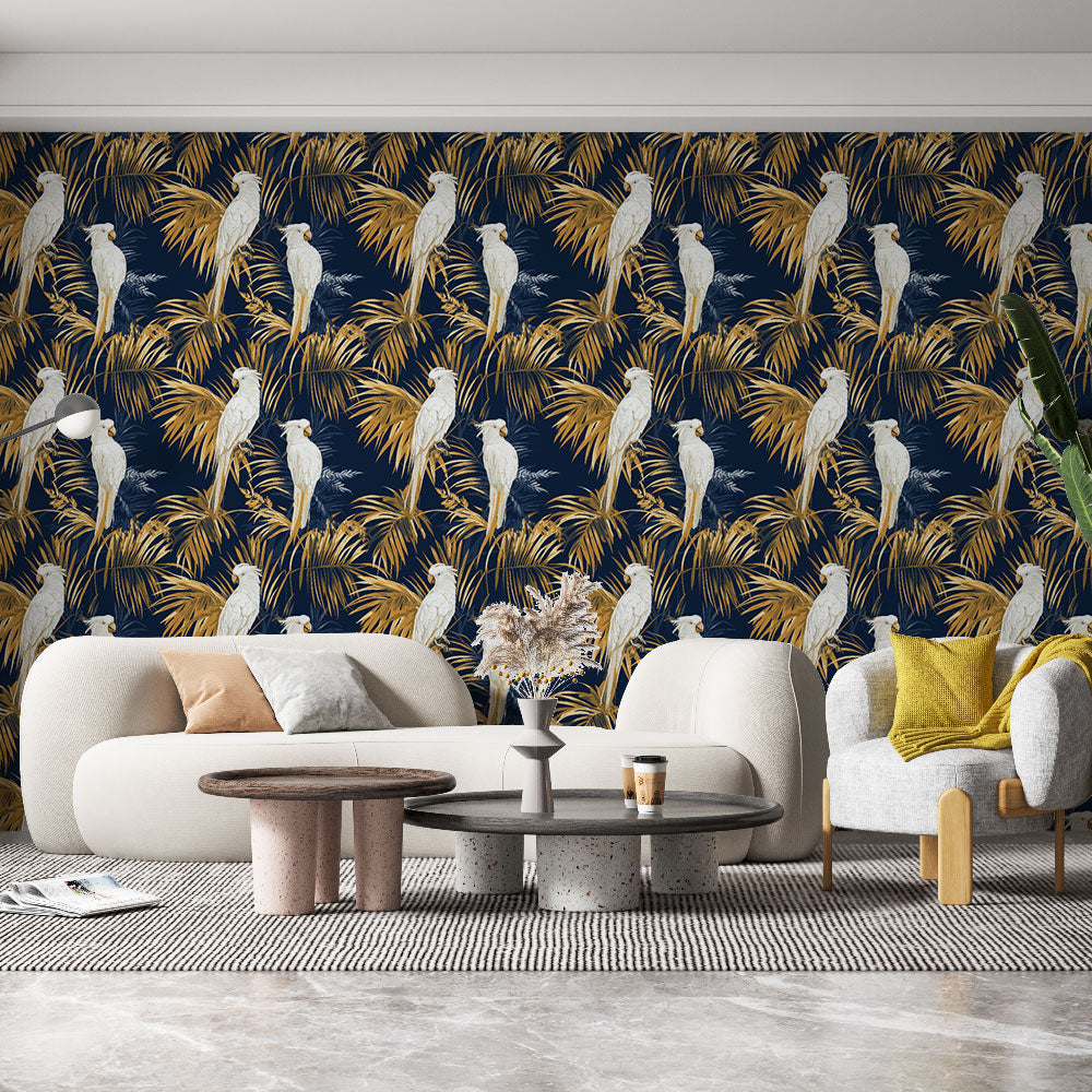 Parrot and Palm Wallpaper | Tropical Motif on Navy Ground