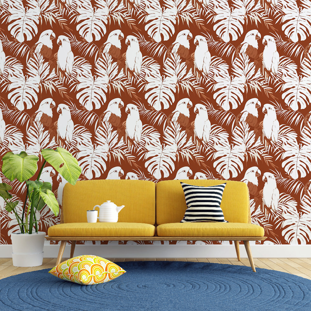 Parrot Wallpaper | White Birds on Deep Terracotta Red