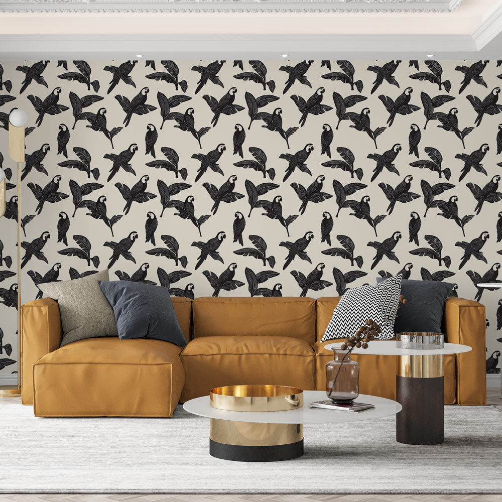 Parrot Wallpaper | Black and White Parrots Framed by Leaves