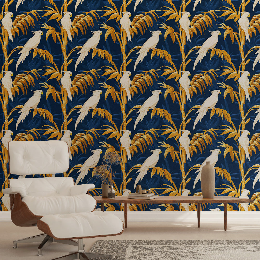 Parrot Wallpaper | White Parrots on a Navy Blue Ground