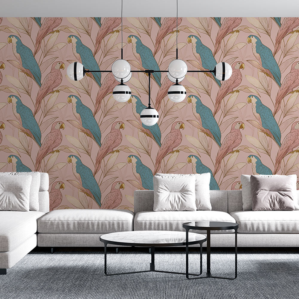 Parrot Wallpaper | Colorful Parrots on Blush Pink Foliage