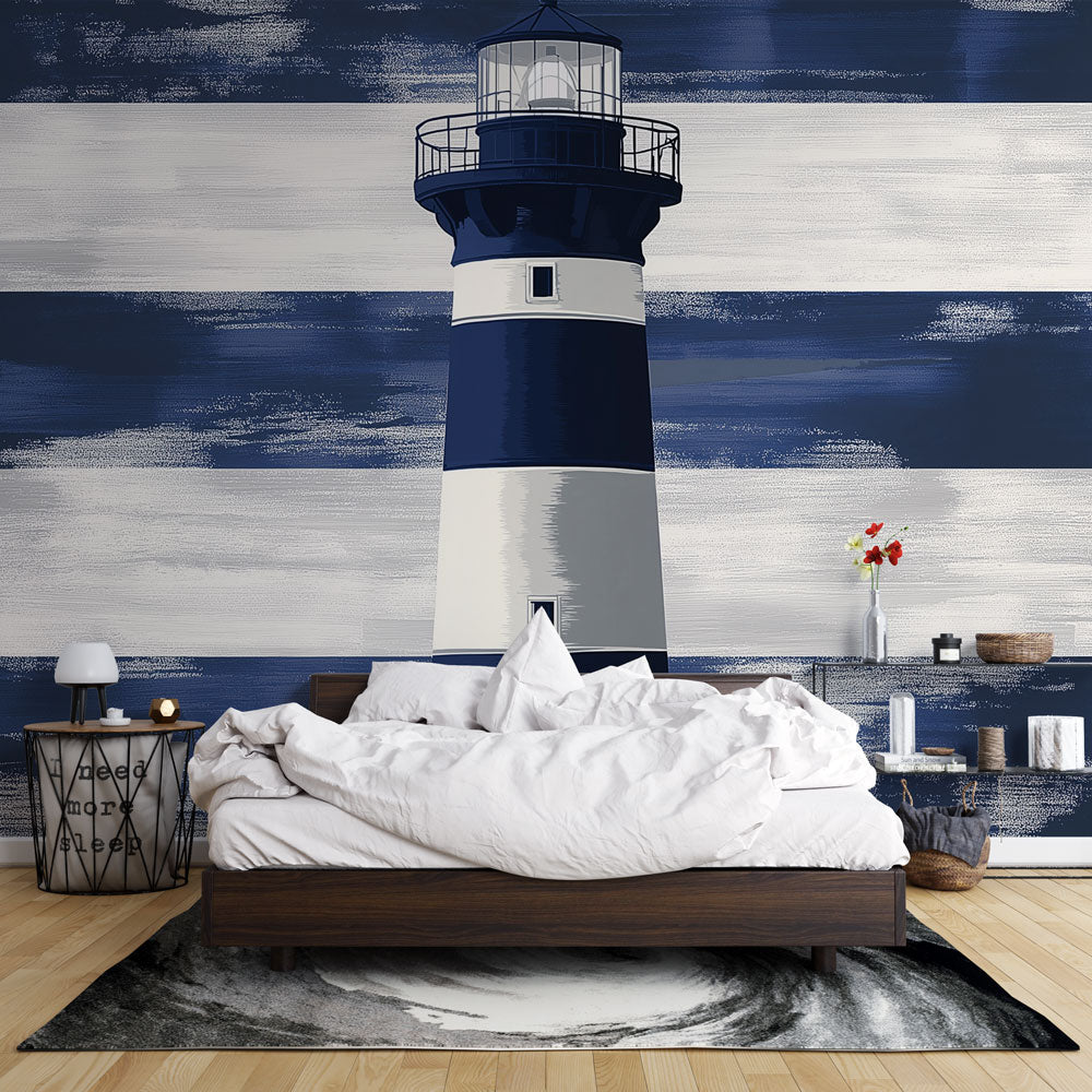 Nautical Lighthouse Wallpaper | Stylised Blue White Stripes