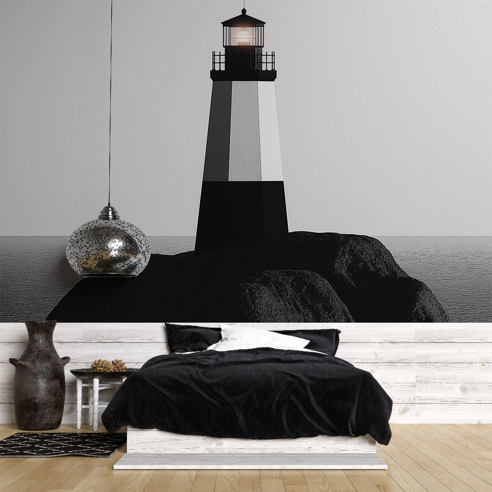 Minimalist Lighthouse Wallpaper | Black White Marine Mural