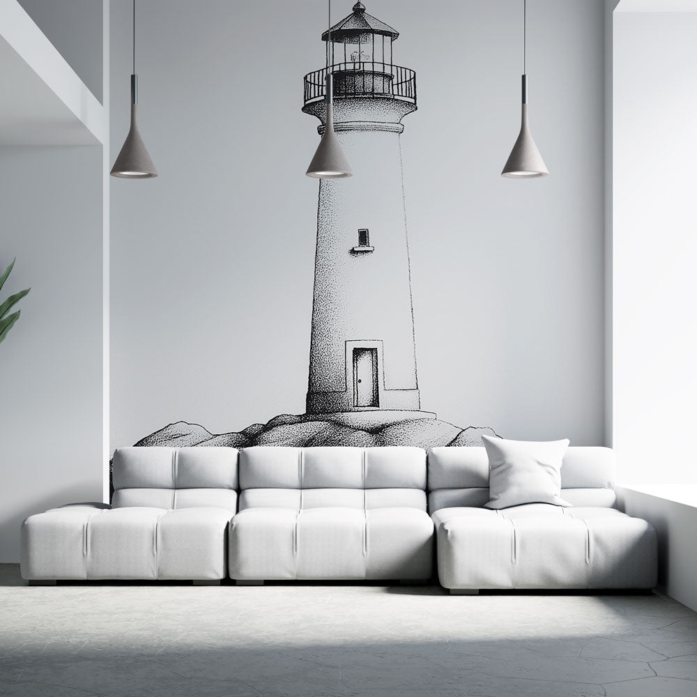 Lighthouse Wallpaper | Minimalist Lighthouse on Rock in B&W