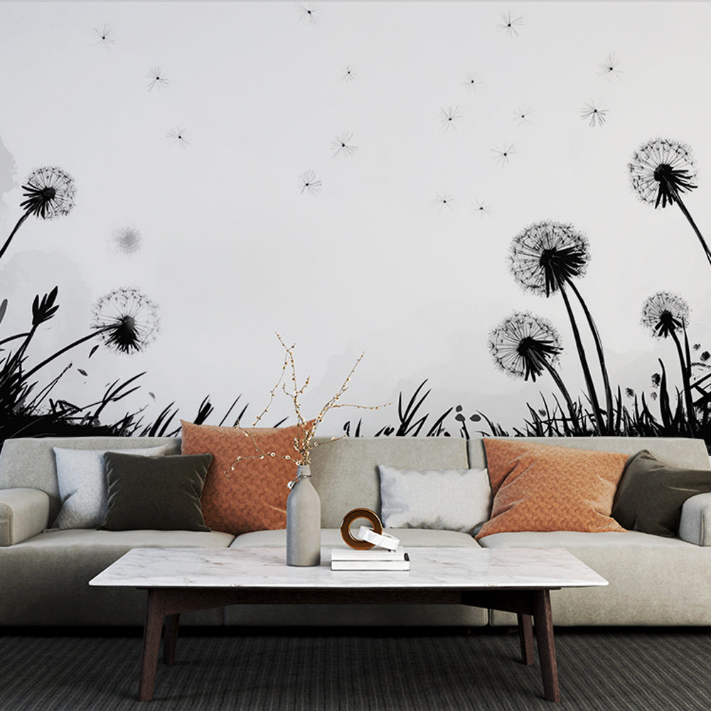 Monochrome Dandelion Landscape Wallpaper Wall Mural