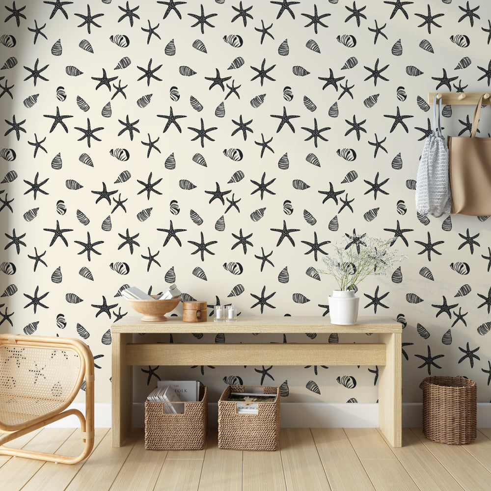 Beach Wallpaper | Black Starfish and Shells on Light