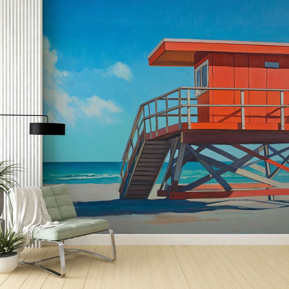 Beach Wallpaper | Vibrant Lifeguard Station by the Ocean Mural