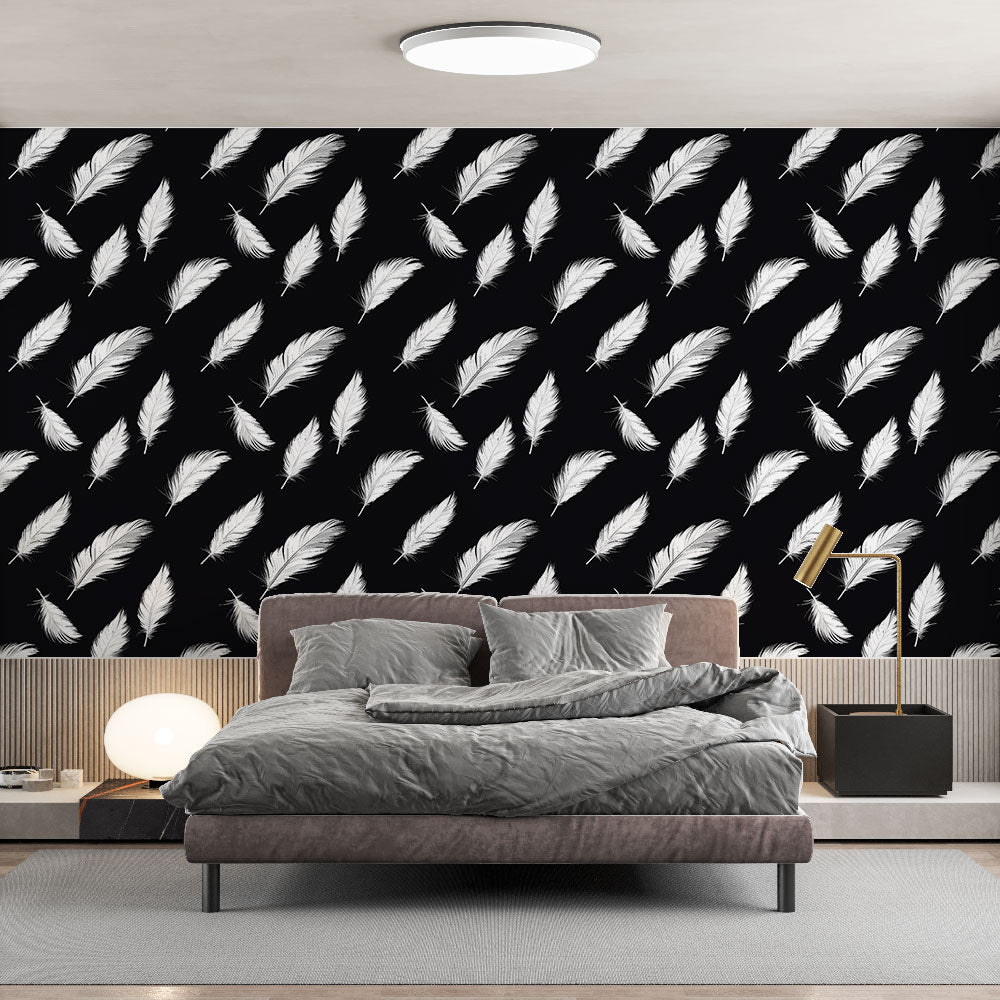 White Feather Wallpaper | Graphic Plume Motif on Black