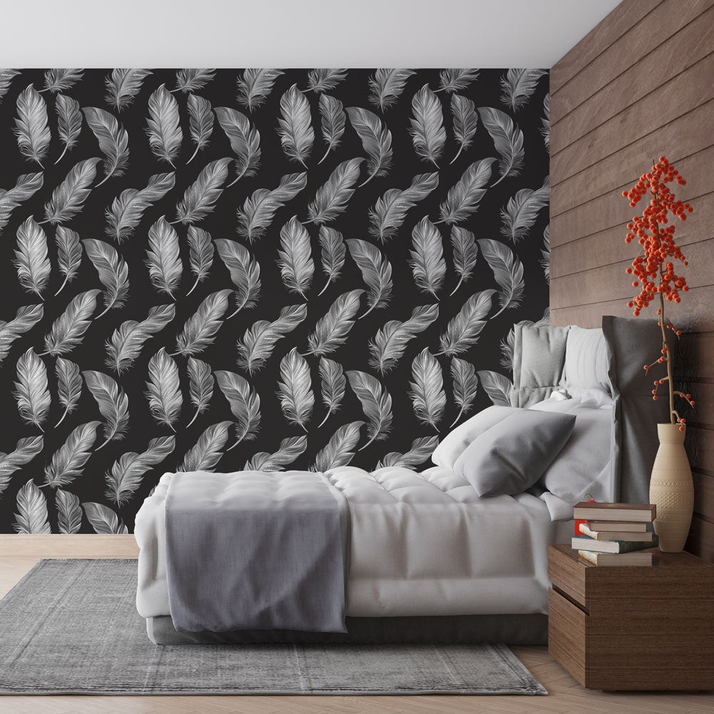 Feather Wallpaper | White Plumes on a Striking Black Ground