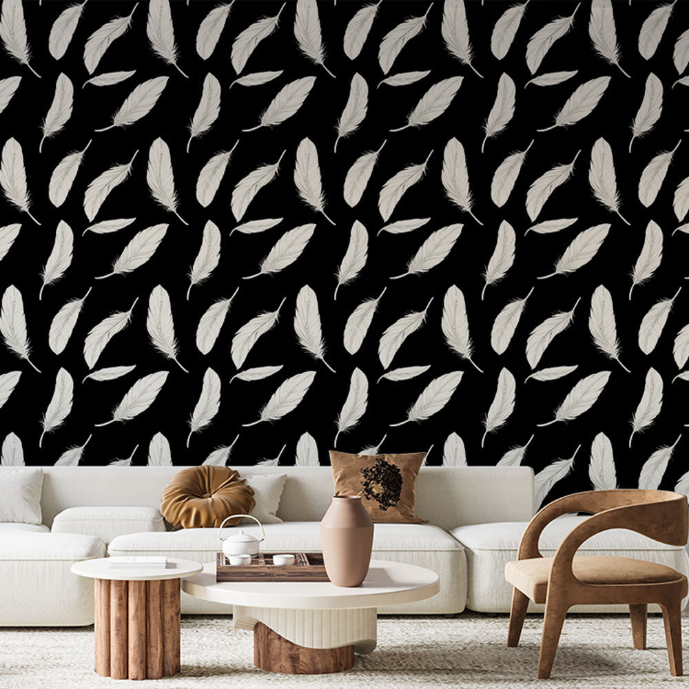 Feather Wallpaper | White Falling Feathers on Black Wall Mural