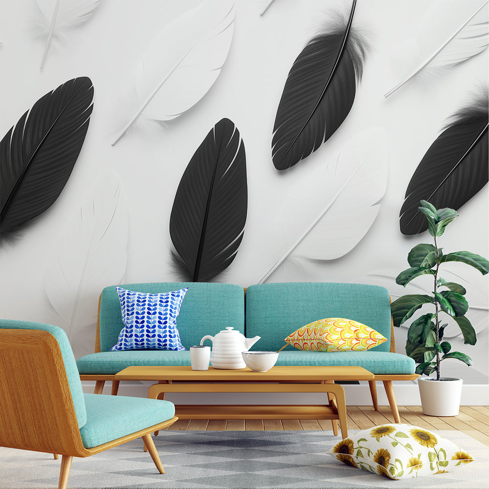 Black & White Feathers Wallpaper | Elegant Wall Mural Design