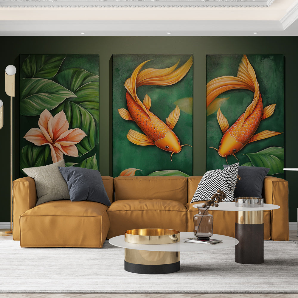 Koi Fish Wallpaper | Golden Fish and Tropical Foliage