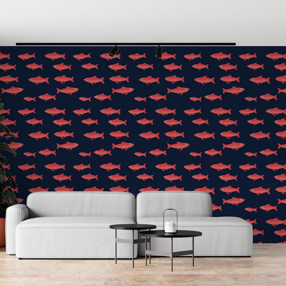 Fish Wallpaper | Red Fish Swimming on a Deep Navy Ground