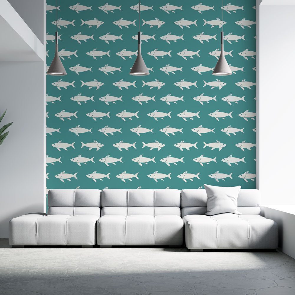 Fish Wallpaper | White Stylised Fish on a Turquoise Ground