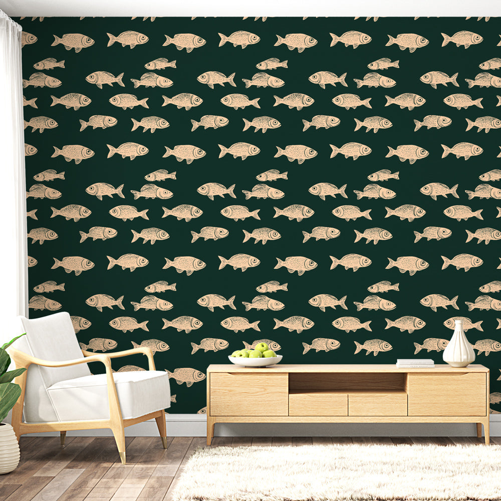 Fish Wallpaper | Stylised Fish on a Dark Green Ground