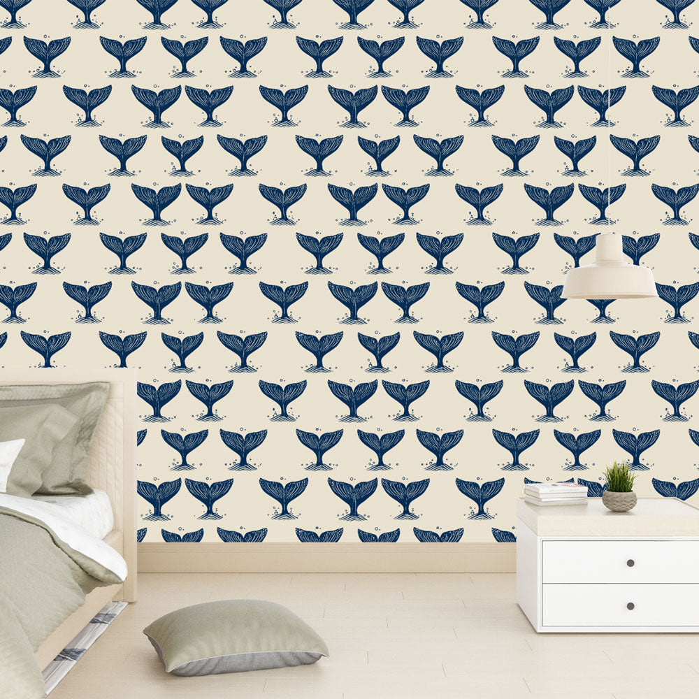 Whale Tail Wallpaper | Navy Nautical Cream Wall Mural