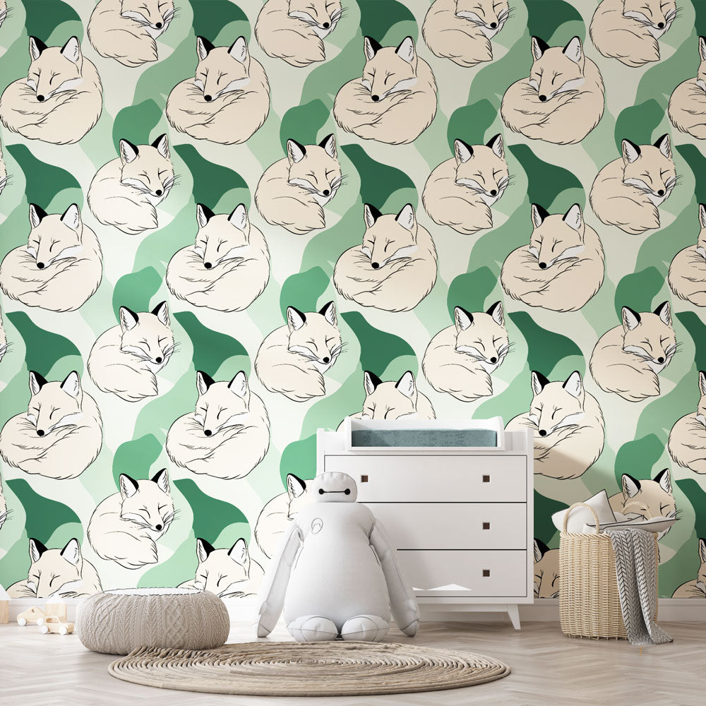 Fox Wallpaper | Sleeping Foxes in Soft Green and Cream
