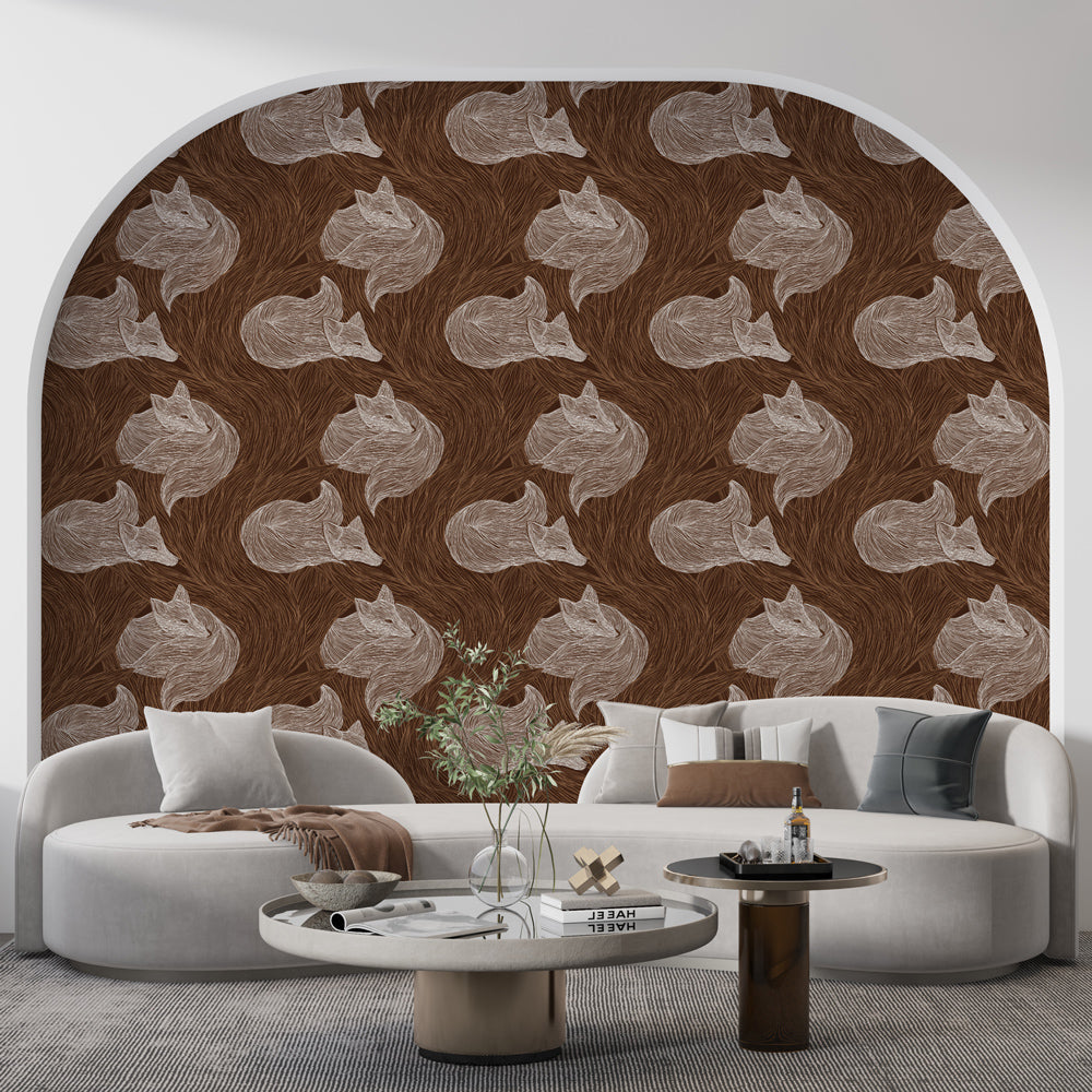 Fox Wallpaper | Stylized Foxes Wall Mural on Warm Brown