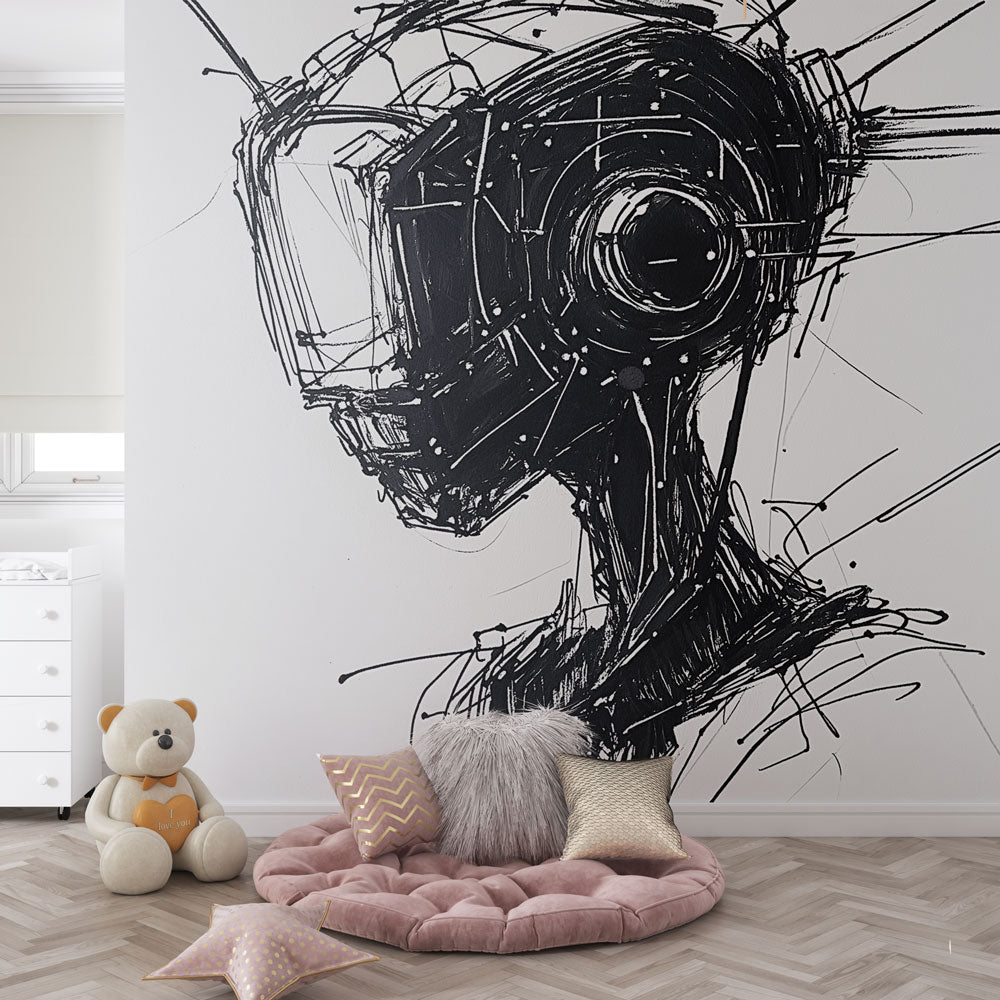 Robotic Wallpaper | Stylised Black White Illustration Mural