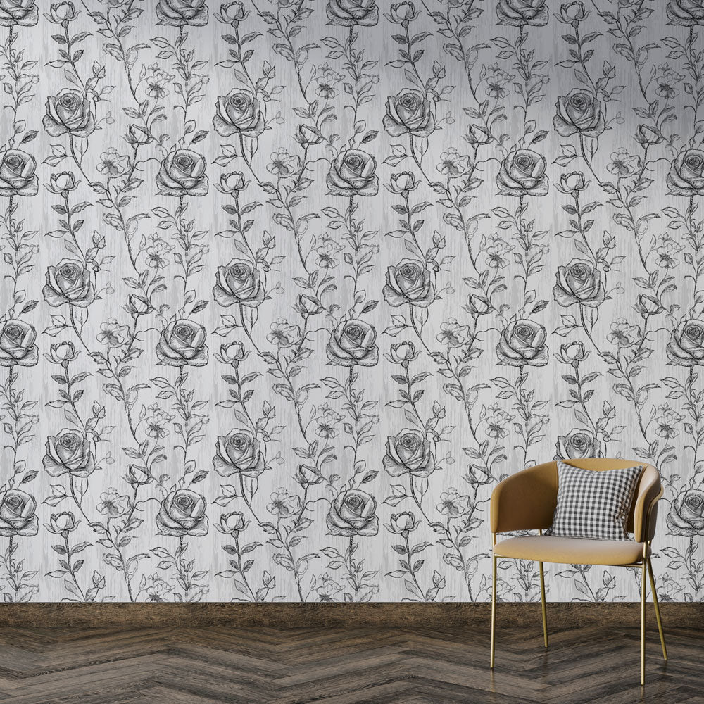 Grey Roses Wallpaper | Elegant Floral Wall Mural