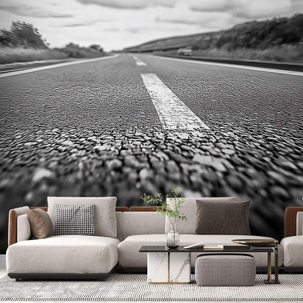 Asphalt Road Wallpaper | Black and White Perspective Wall Mural