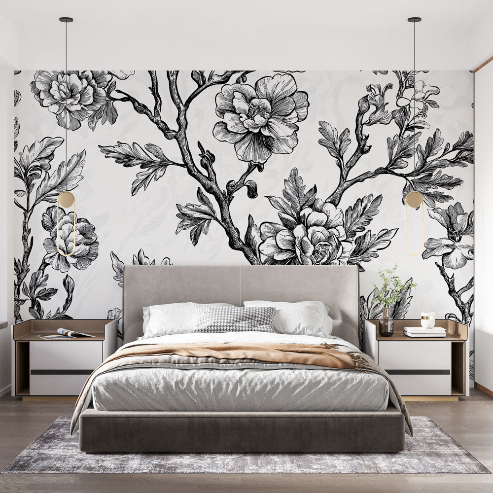 Shabby Chic Wallpaper | Elegant Black & White Floral Wall Mural