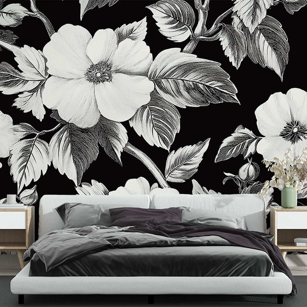Shabby Chic Wallpaper | White Flowers Black Wall Mural