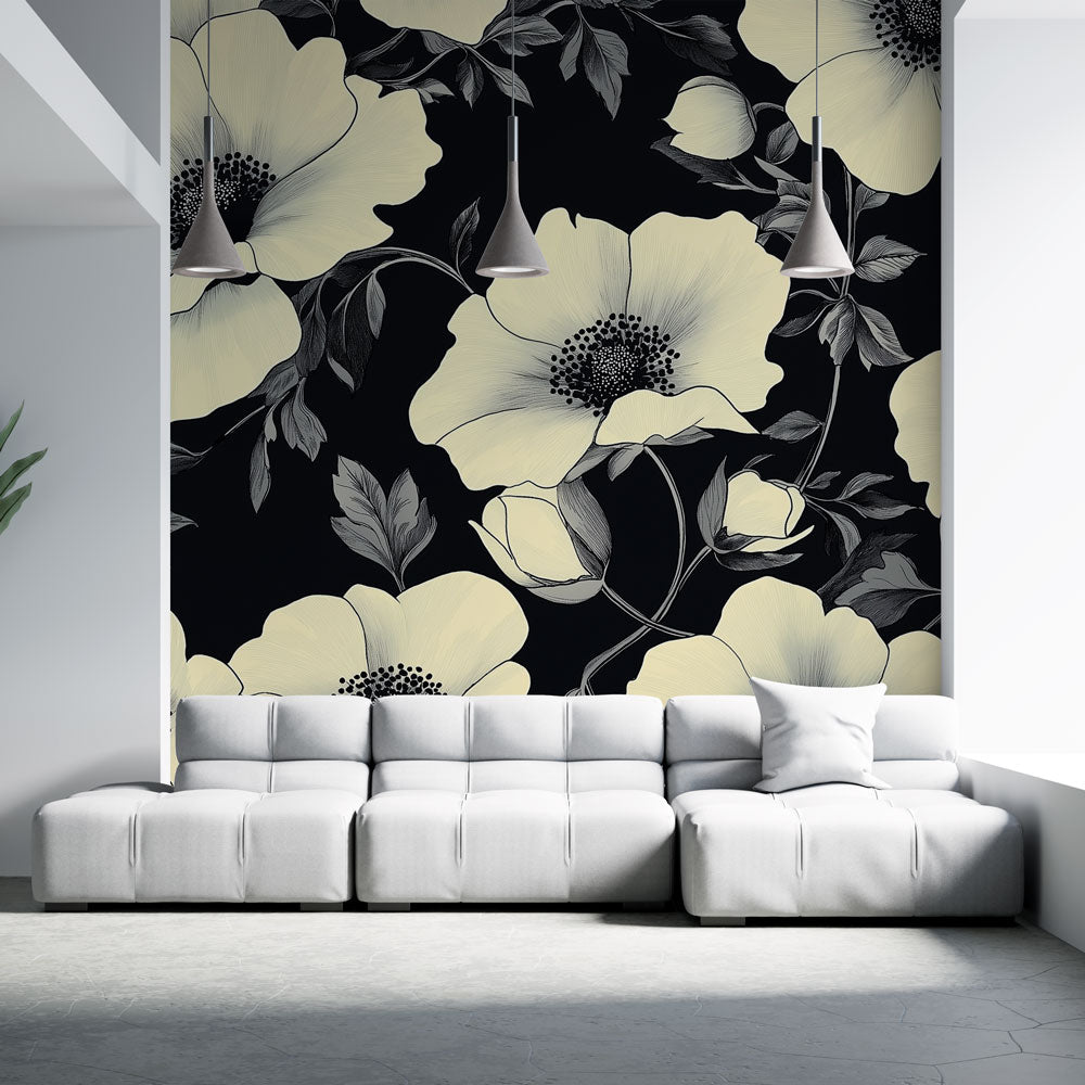 Shabby Chic Wallpaper | White Florals on Black Mural