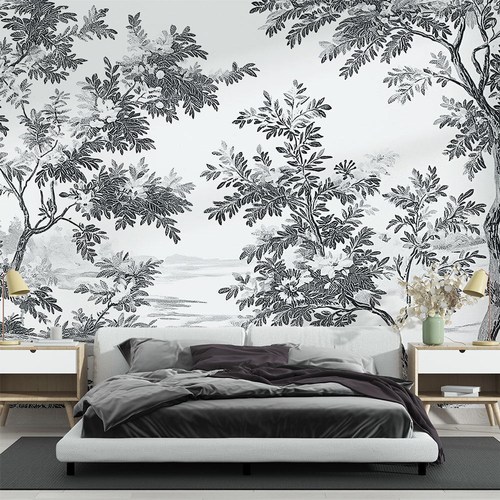 Shabby Chic Wallpaper | B&W Tree Landscape Wall Mural
