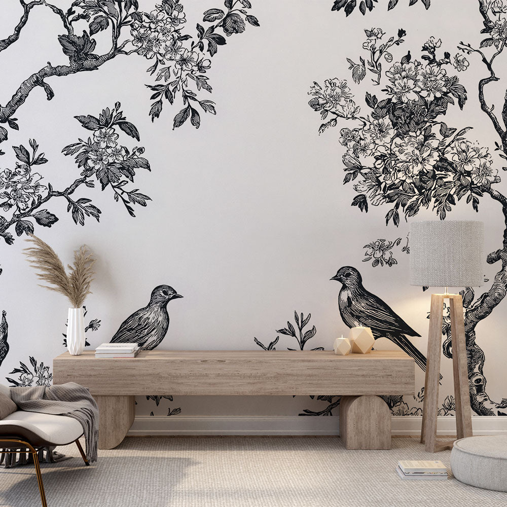 Shabby Chic Wallpaper | Flowers & Birds Mono Wall Mural