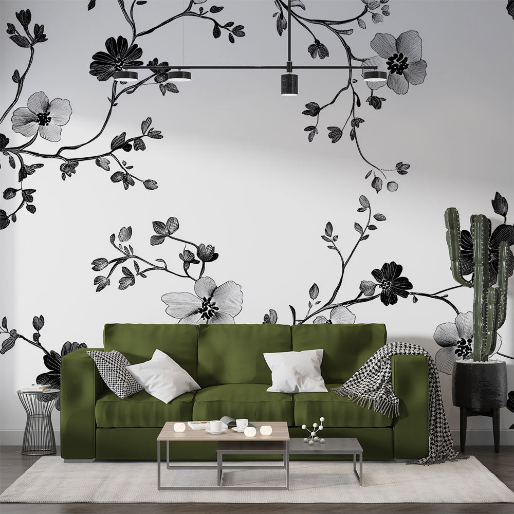 Shabby Chic Wallpaper | Black White Floral with Delicate Branches