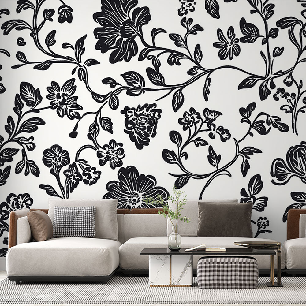 Shabby Chic Wallpaper | Elegant Black White Floral Mural