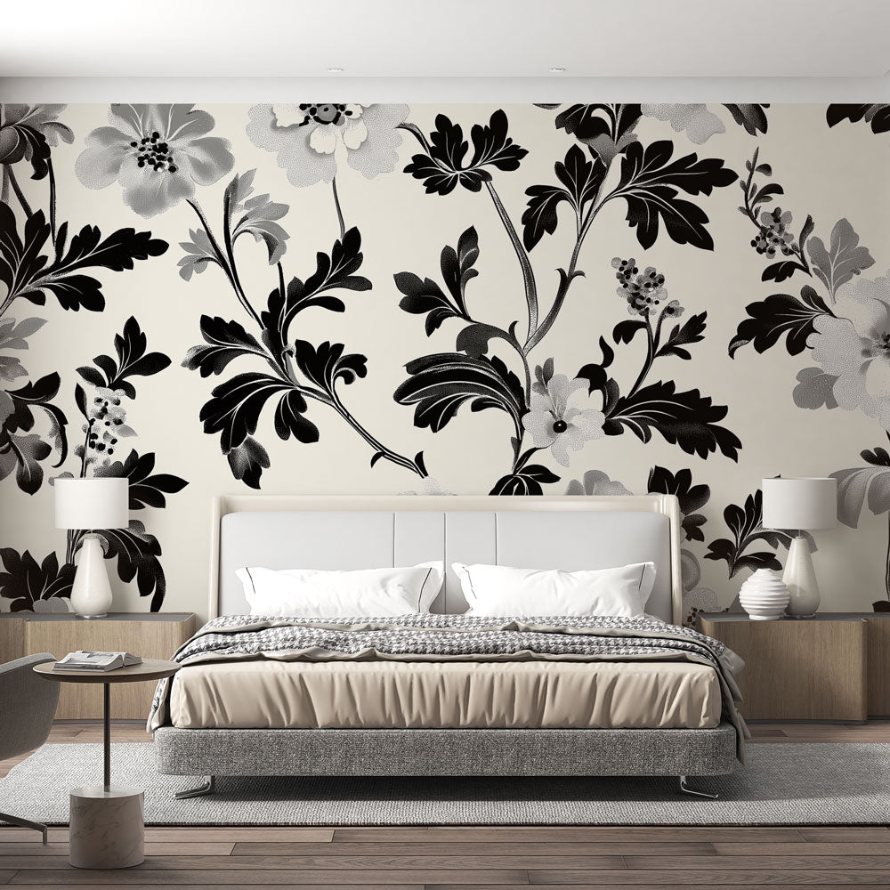 Shabby Chic Wallpaper | Highly Elegant Black & White Floral Mural