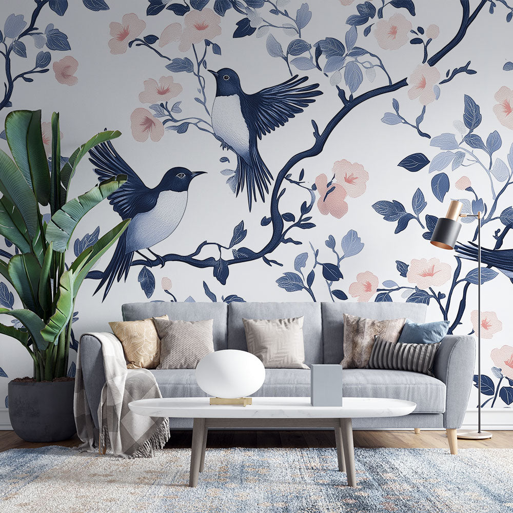 Shabby Chic Wallpaper | Navy Birds and Pastel Flowers on Light Ground