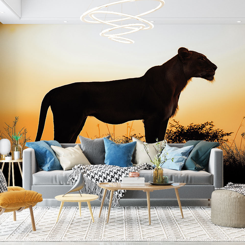 Lioness Silhouette Wallpaper | Majestic Twilight Mural
