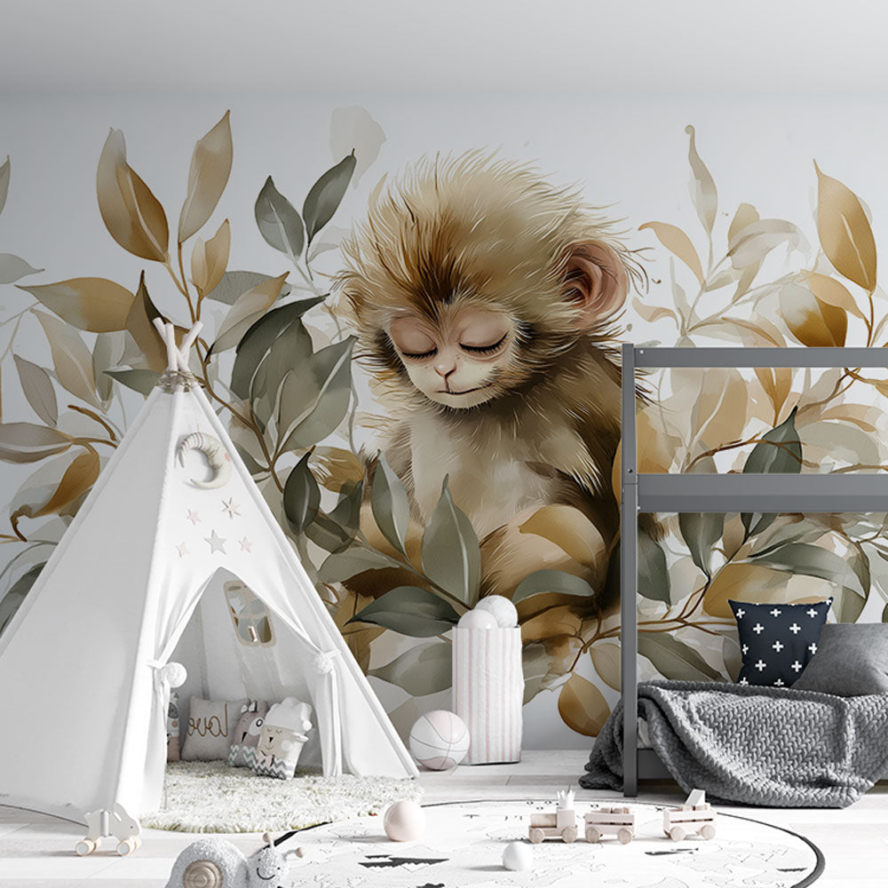 Monkey and Foliage Wallpaper | Gentle Monkey in Warm Leaves