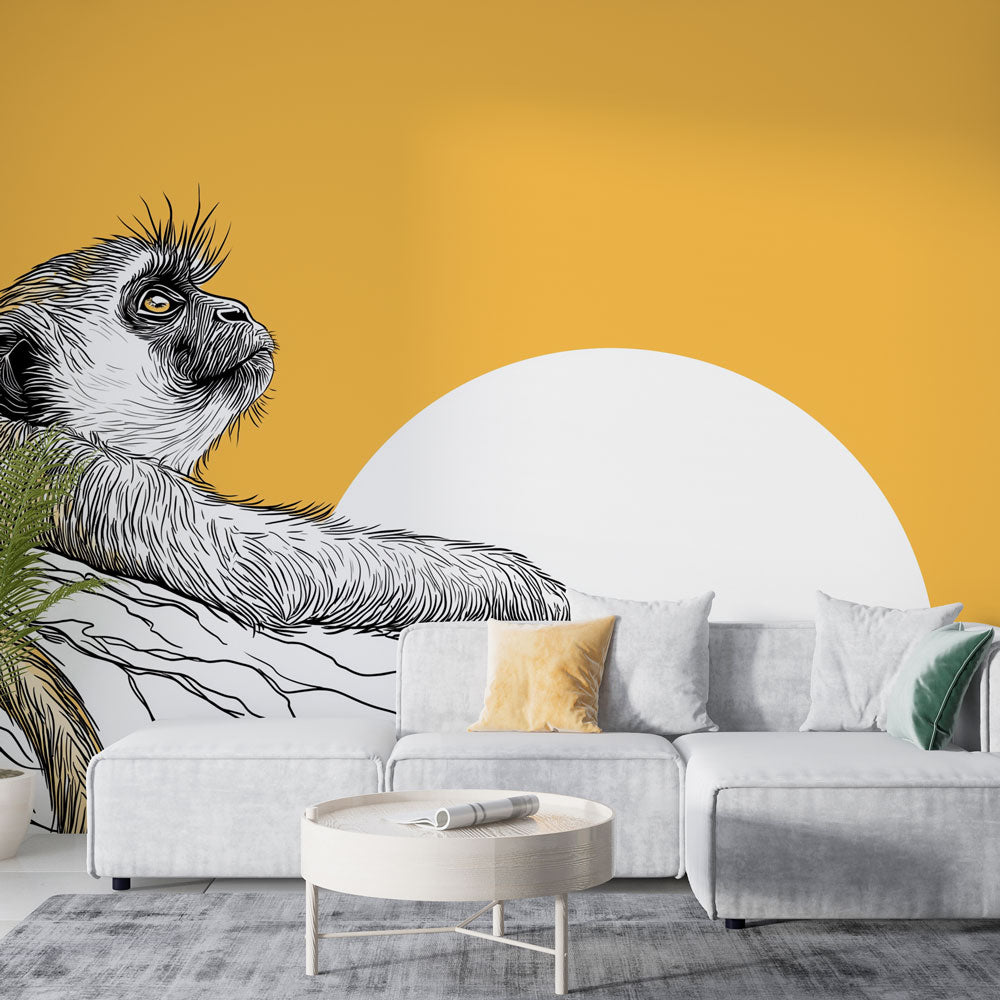 Monkey Wallpaper | Line-Drawn Monkey on Sunny Yellow Backdrop