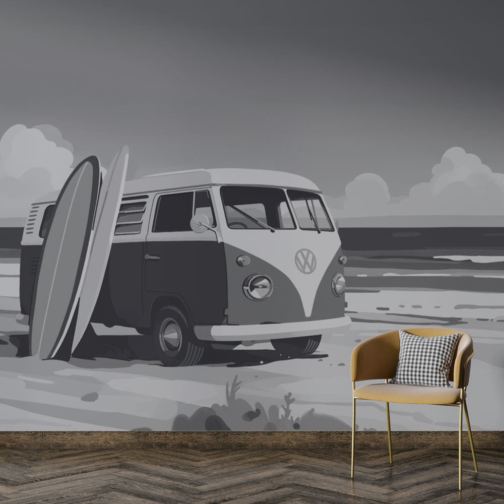 Surf Wallpaper | Black White Beach Van Wall Mural