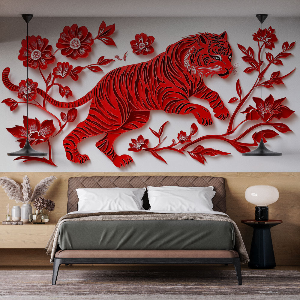 Red Tiger Wallpaper | Stylised Tiger Among Florals Wall Mural