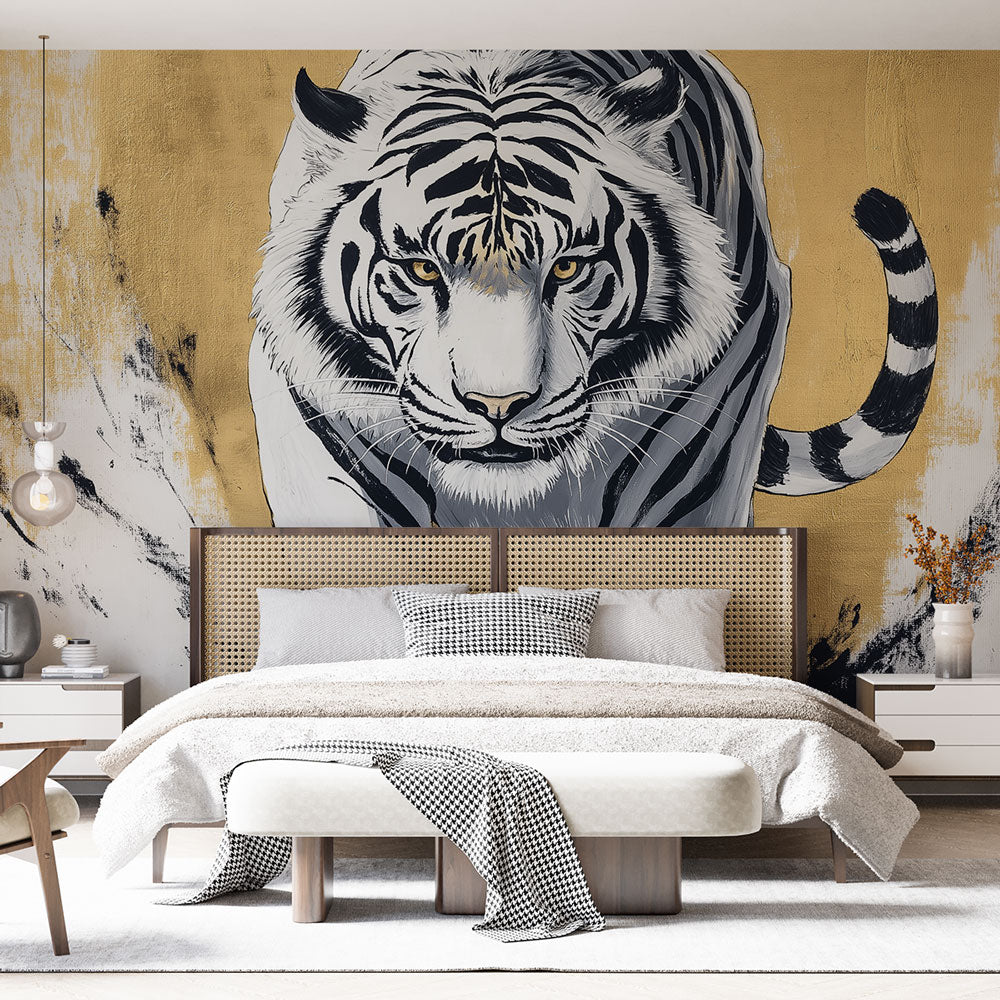 Majestic White Tiger Wallpaper on Golden Background