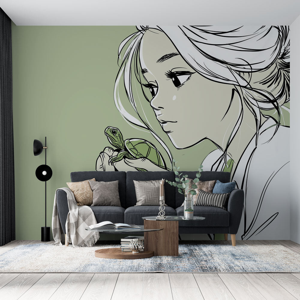 Turtle Wallpaper | Young Woman Holding a Turtle in Soft Green