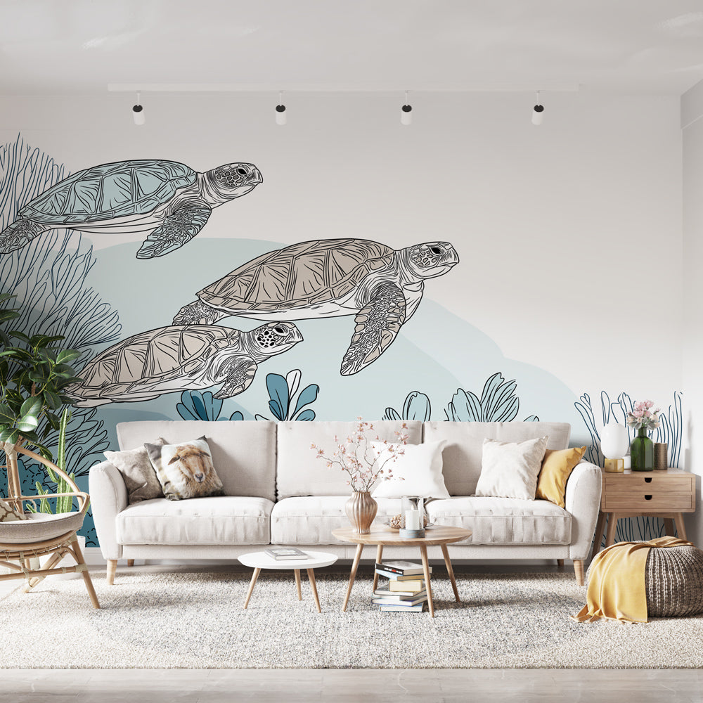 Sea Turtle Wallpaper | Stylized Turtles Swimming Among Corals