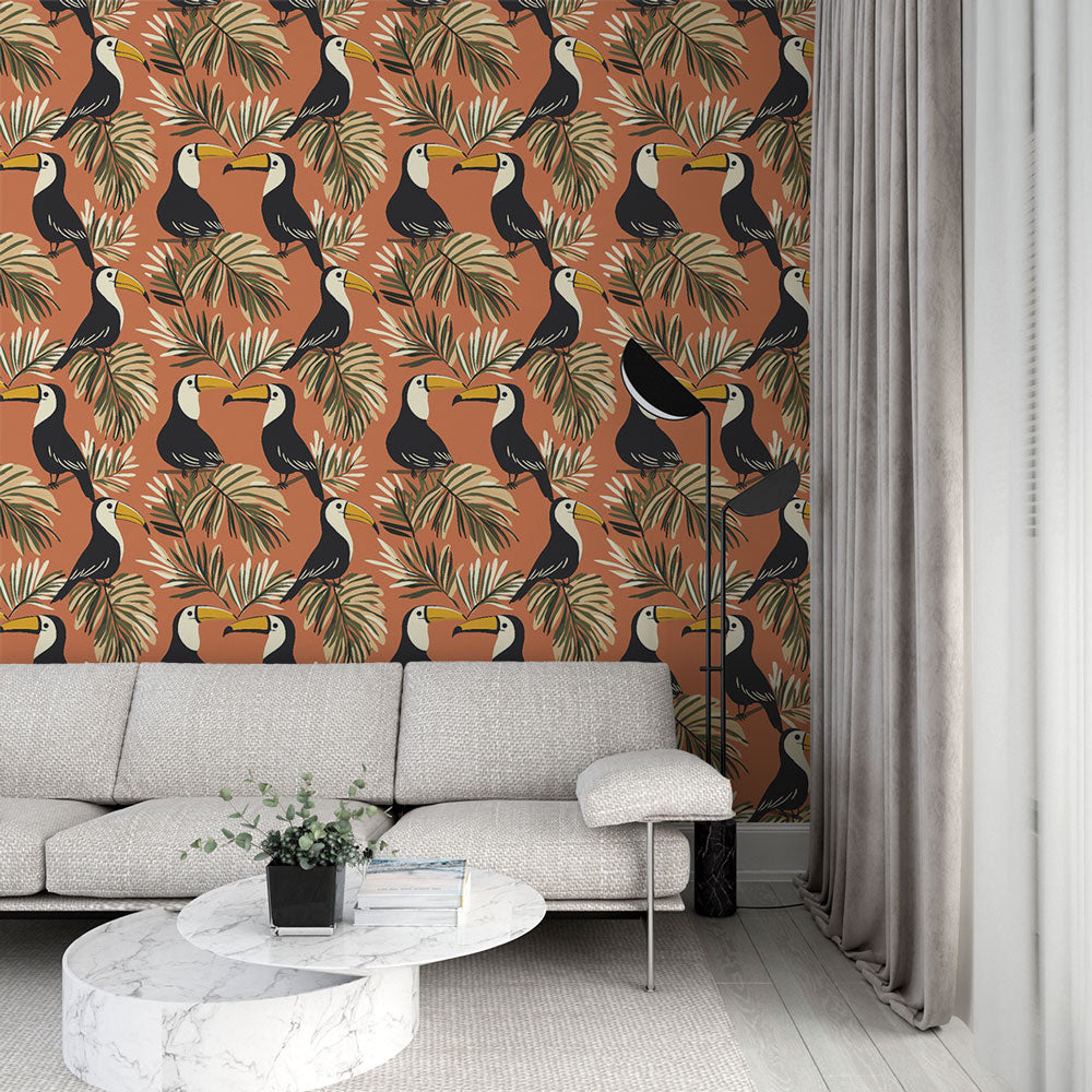 Toucan Wallpaper | Tropical Birds on a Warm Orange Ground