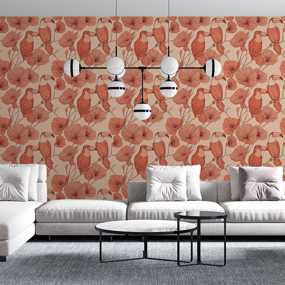 Toucan and Flower Wallpaper | Warm Tropical Bird Pattern