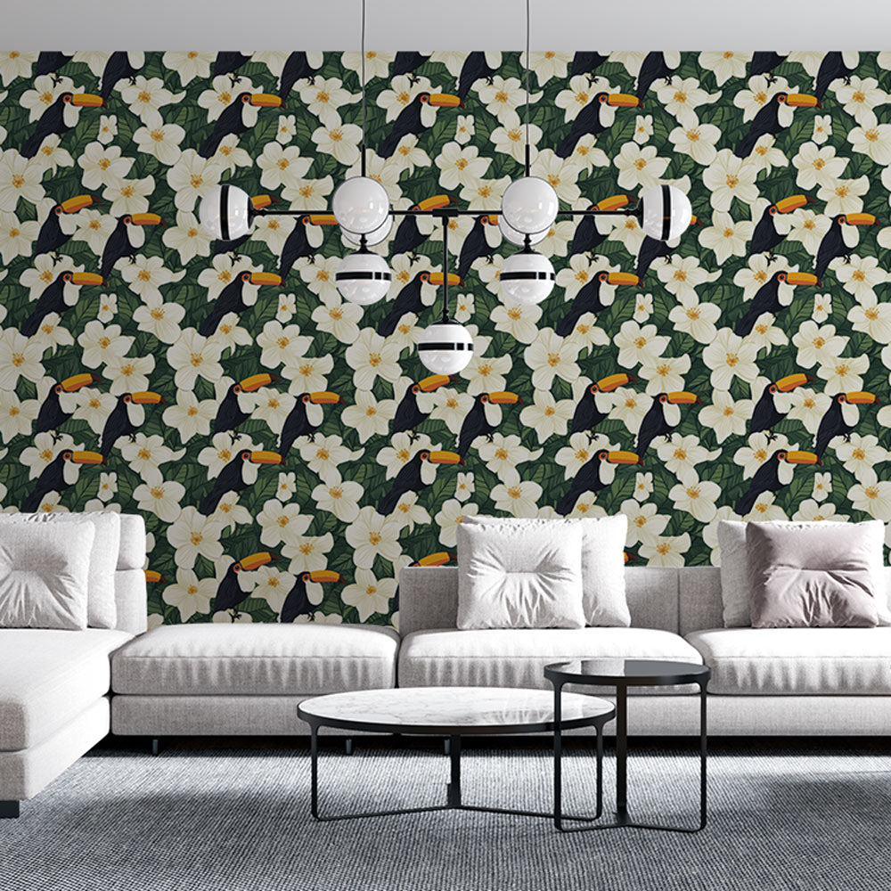 Toucan Wallpaper | Birds and White Flowers on Green