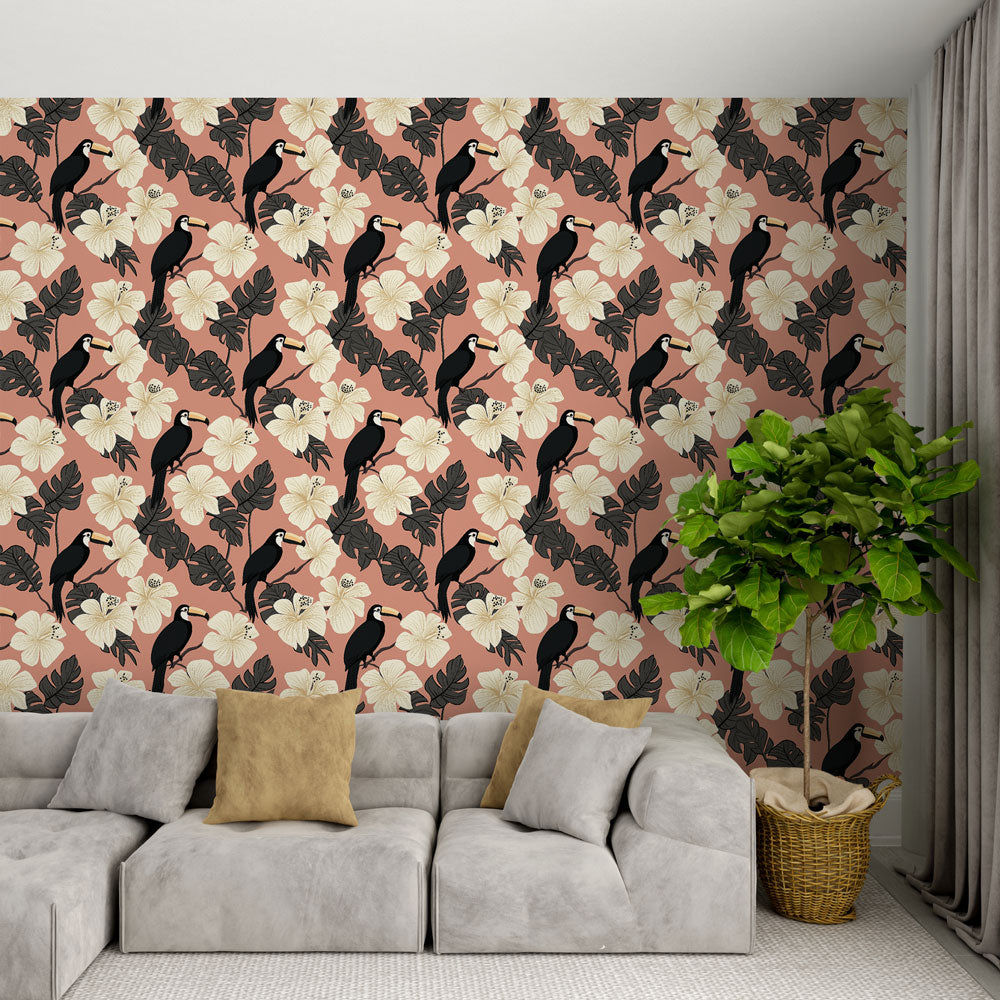 Toucan Wallpaper | Tropical Birds and Flowers on Soft Pink