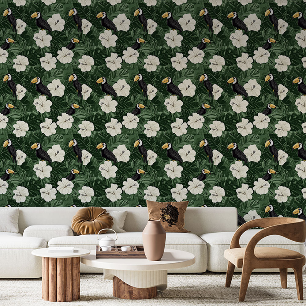 Toucan Wallpaper | Toucans and White Hibiscus on Green