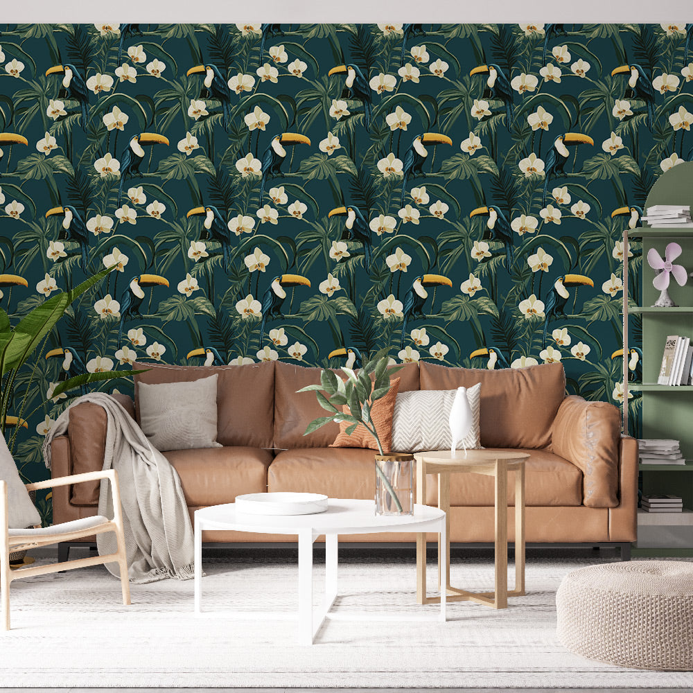 Toucan and Orchid Wallpaper | Tropical Birds and Blooms